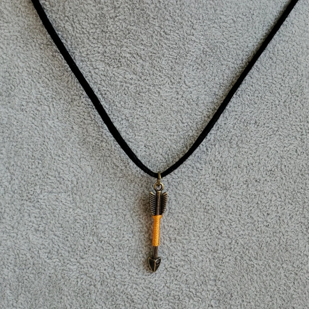 Mens orange & bronze arrow black suede necklace